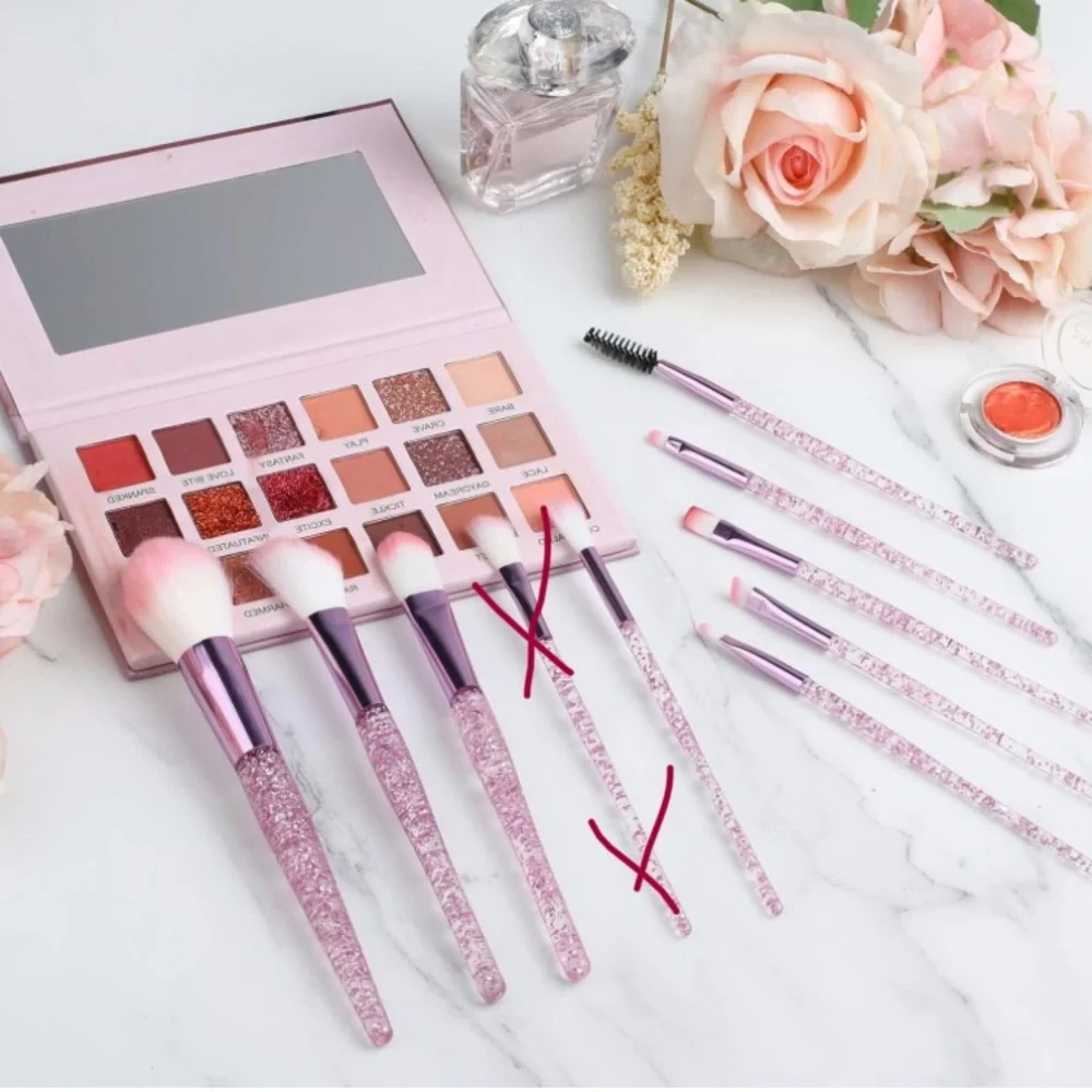 9 Piece Glitter Pink and Lilac Crystal Makeup Brush Set